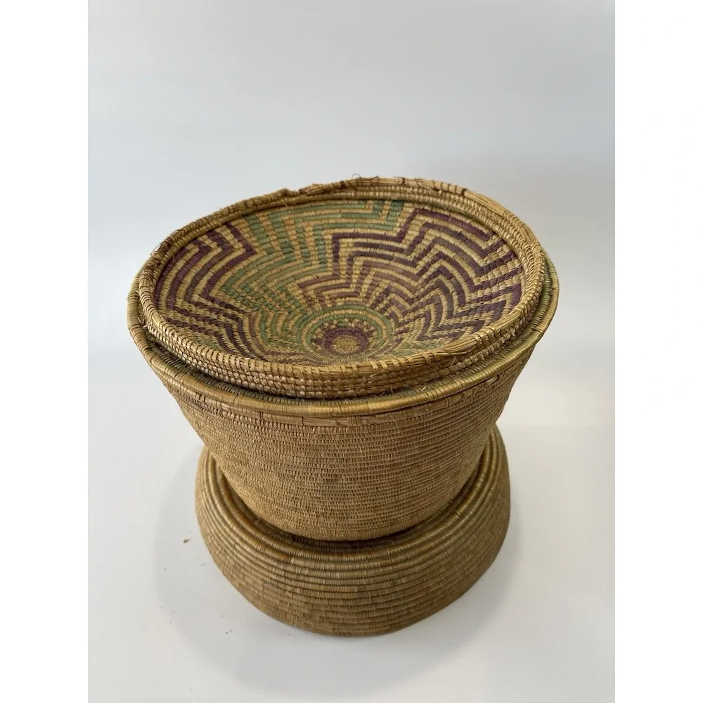 Vintage African Style Handwoven Coil Lidded Basket W/ Colorful Interior Design